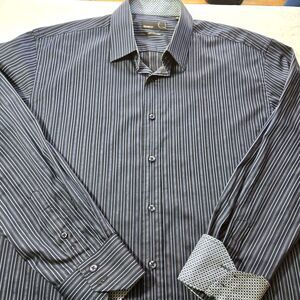 Quieti Mens Flip Cuff Striped Shirt Button-Up Drk Blue/ Lgt Purple SZ XL